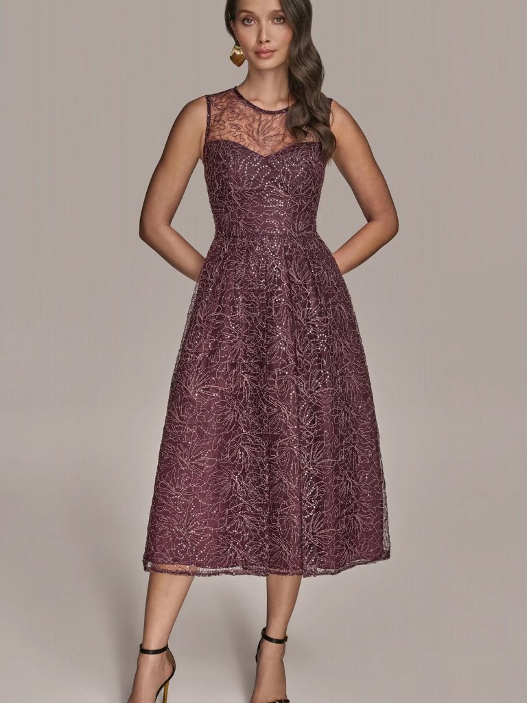 Donna Karan Floral Sequin Tulle Midi Illusion Gown In Prune. Sz: 12